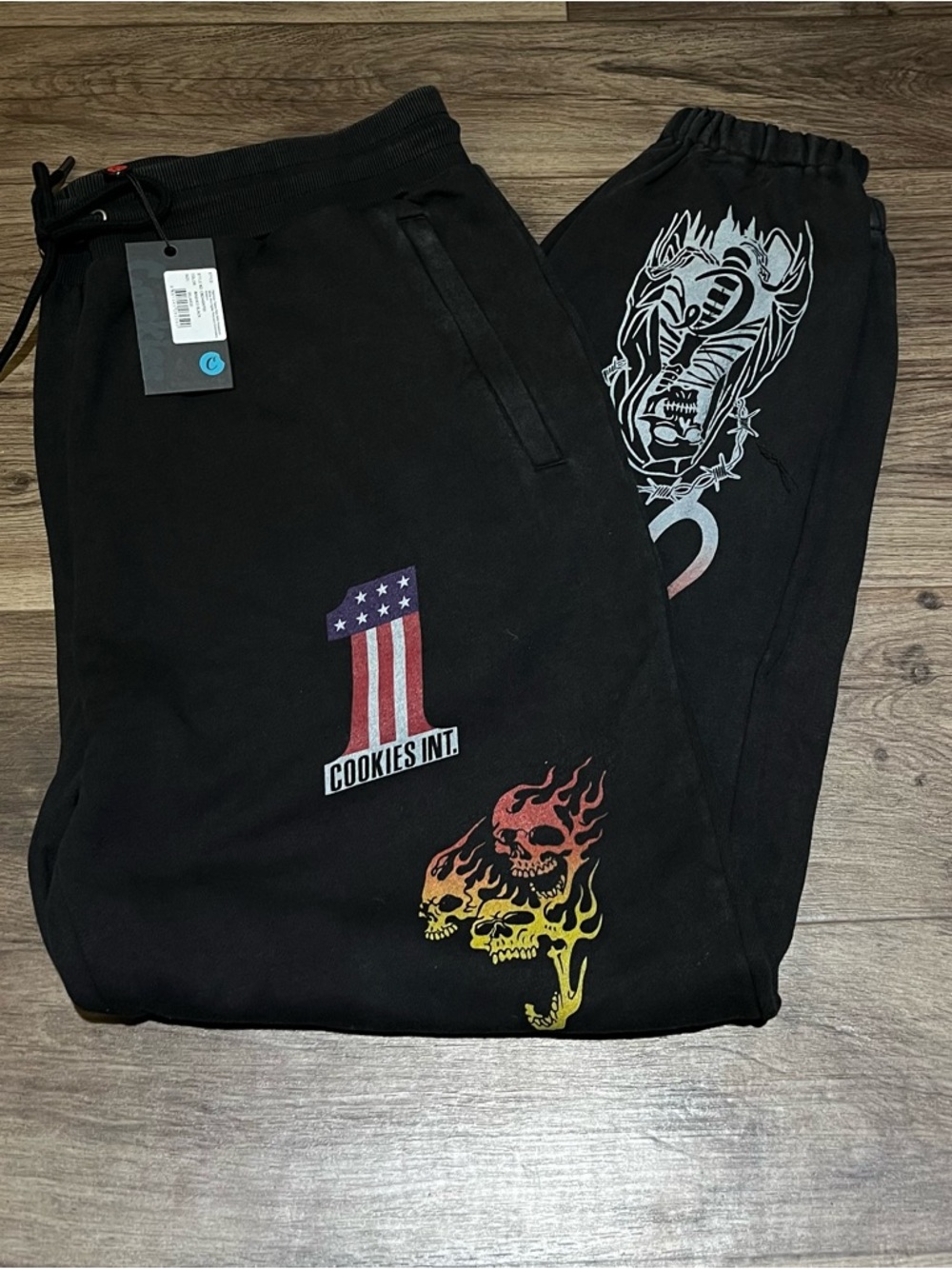 Jogger Pants with Flame Skull and USA Patch Cookies Highway Fleece Pants 3XL